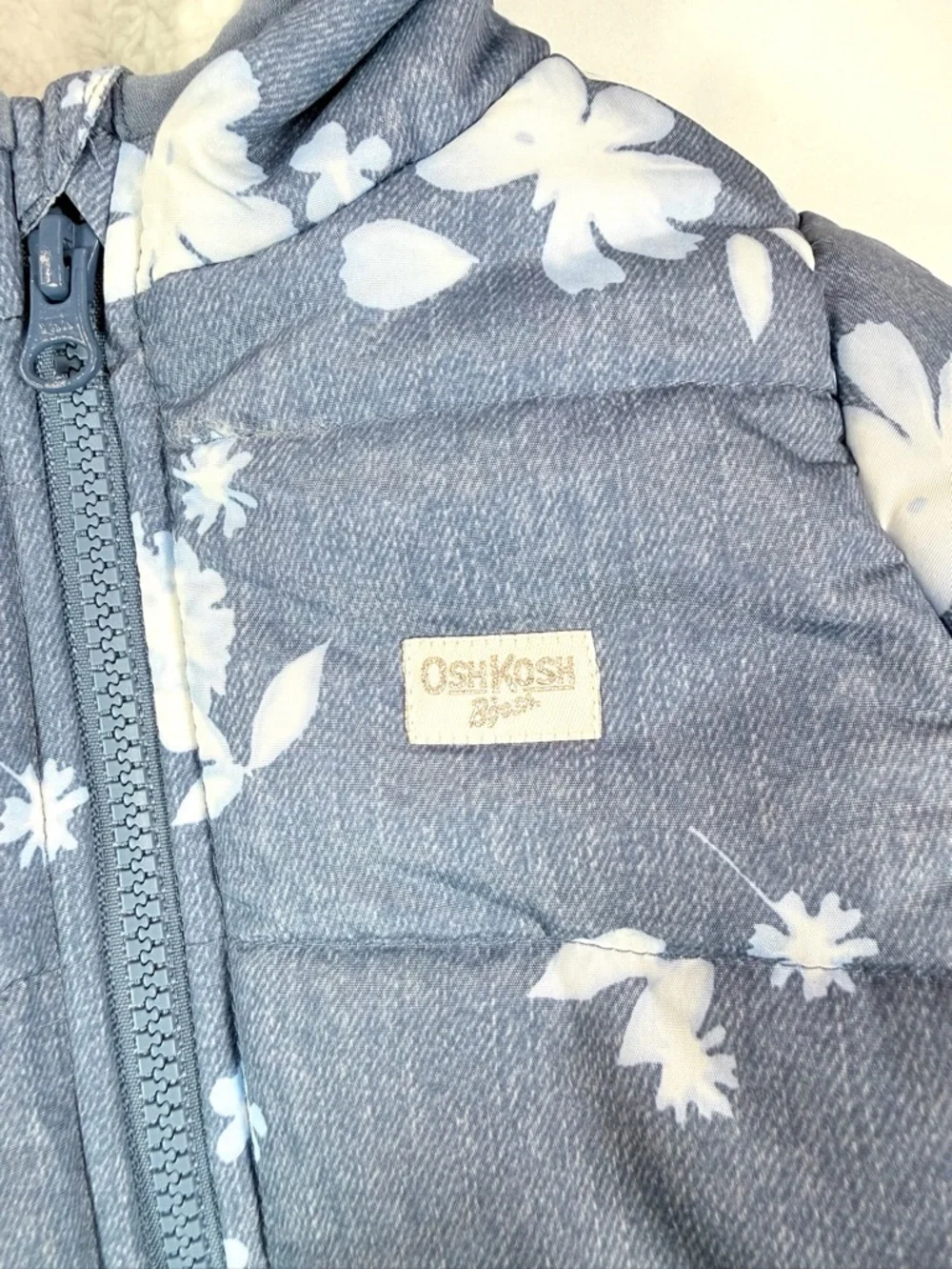 OSHKOSH Baby Girl Snowsuit‎ 6-9M Blue Floral Hooded Winter Puffer Cottagecore